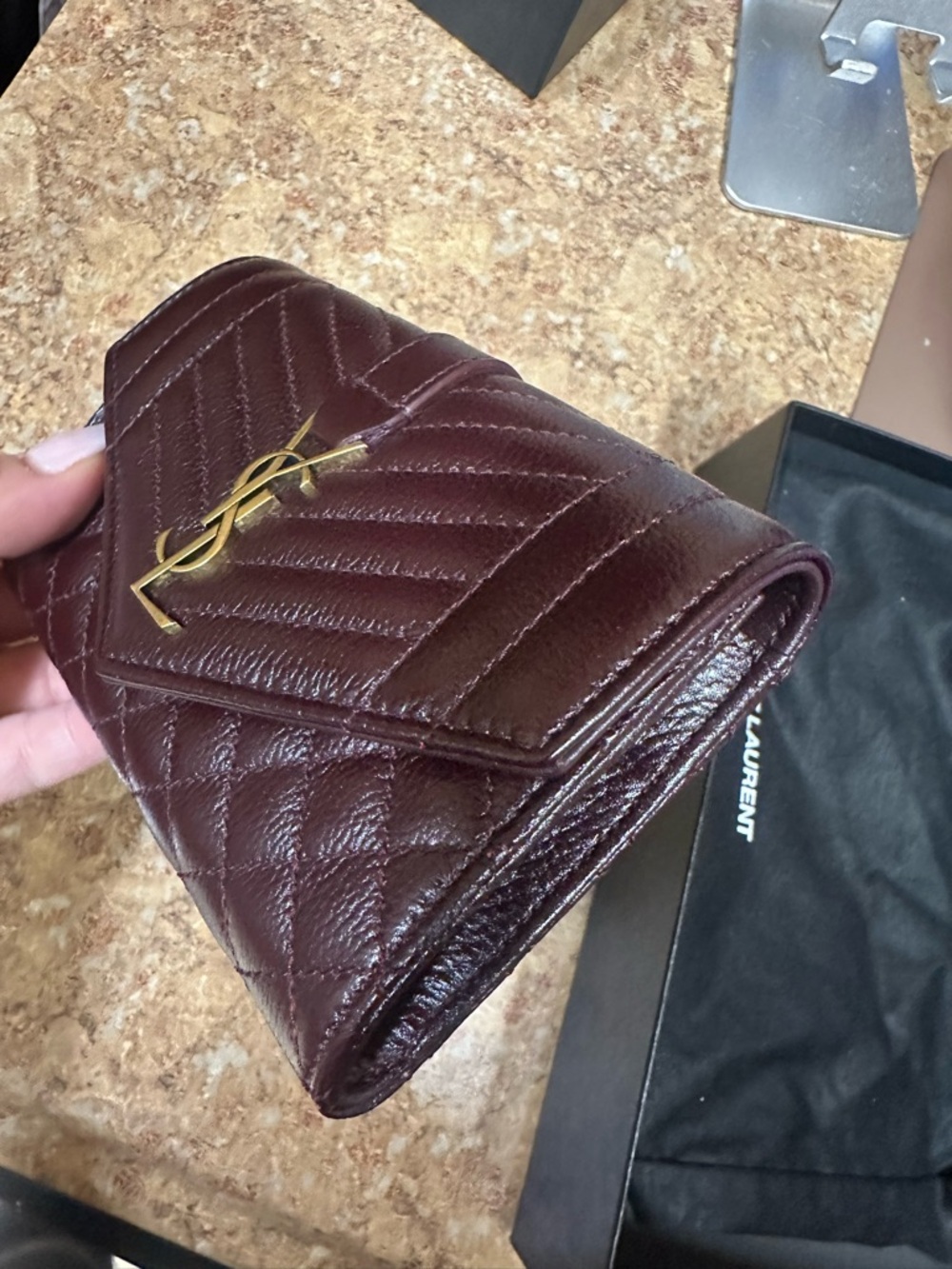 Saint Laurent Quilted Chevron & Diamond Wallet in Burgundy with Gold YSL - Picture 8 of 16